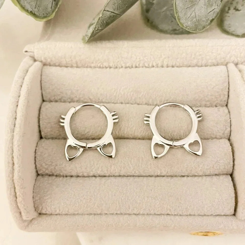 925 Sterling Silver Cat Huggies Cat Earrings Kitty Earrings Small Huggies